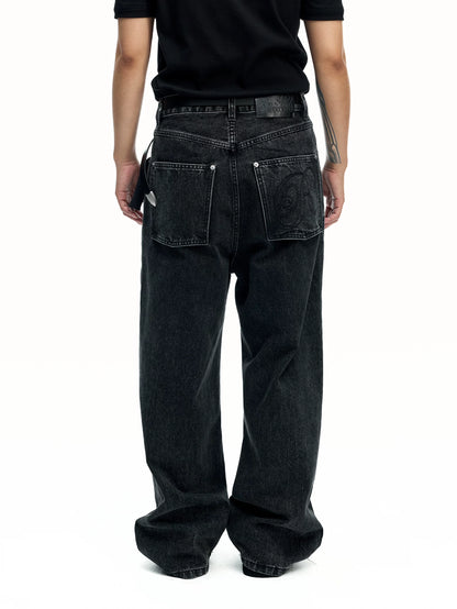 Washed straight trousers structure fly bag embroidery clean cut denim trousers