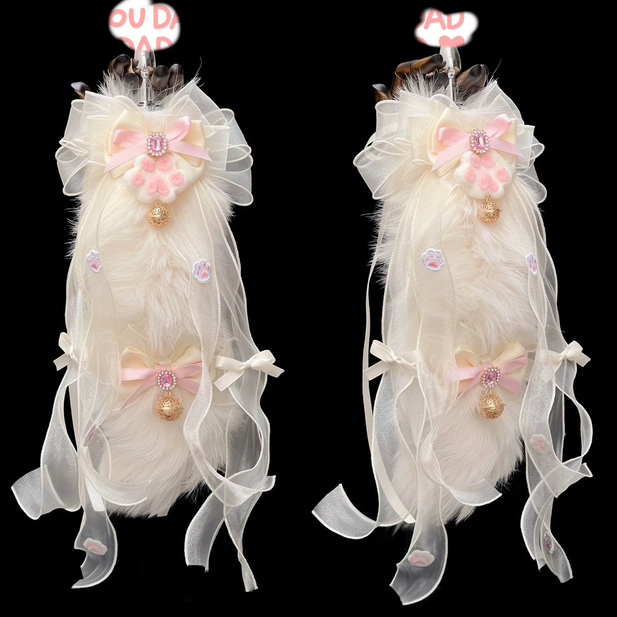 40Cm real fox fur tail bow bell removable plug cosplay props