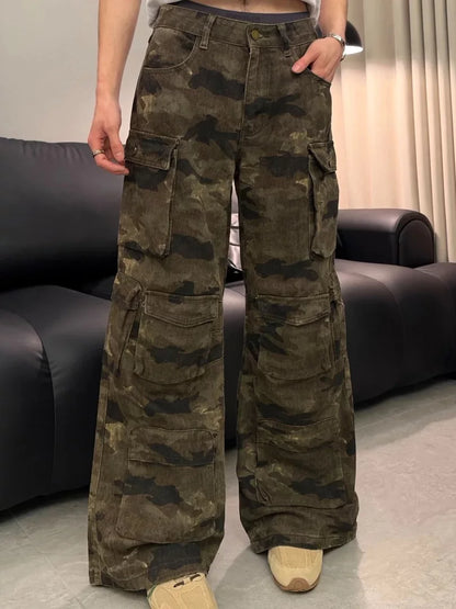 American retro camouflage multi-pocket design overalls men's and women's same versatile comfortable trousers