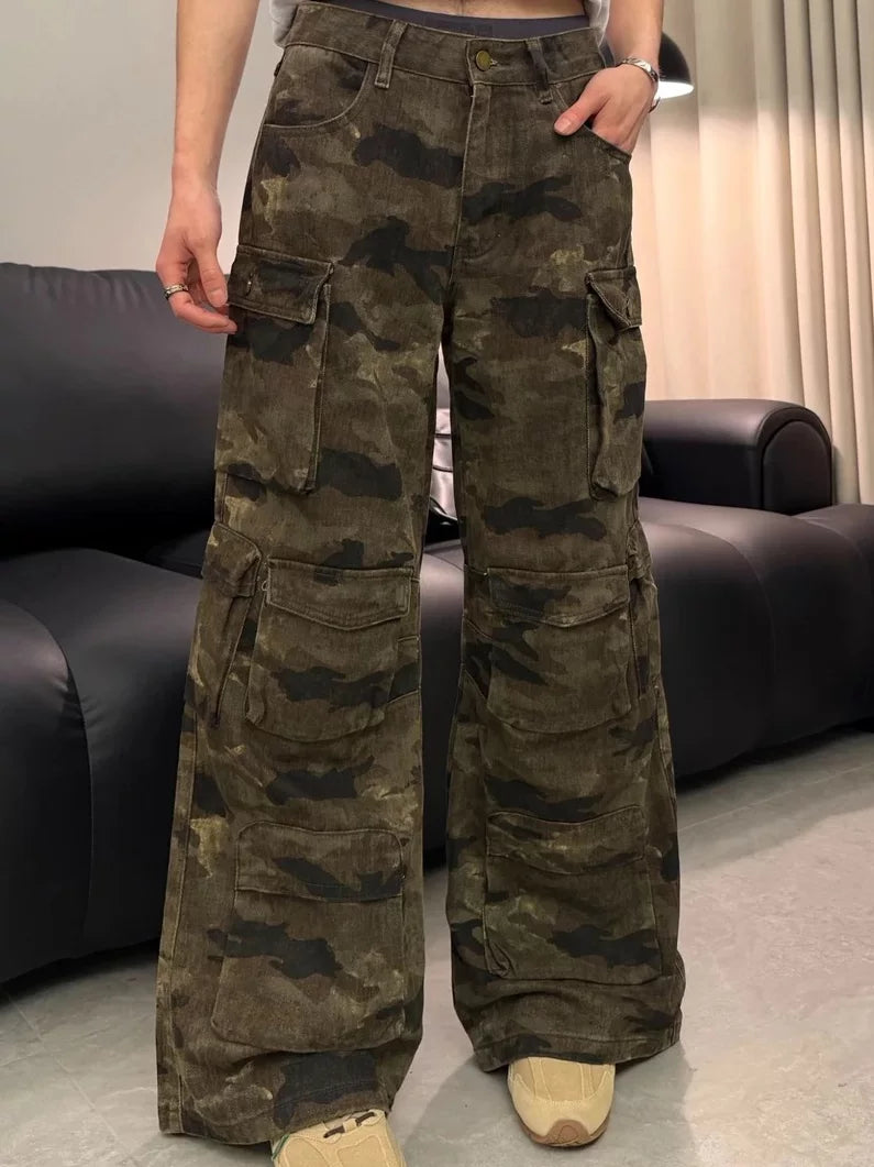 American retro camouflage multi-pocket design overalls men's and women's same versatile comfortable trousers