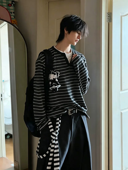 American contrasting fake two-piece striped long-sleeved t-shirt men's autumn trendy brand Henry neck sweater, loose bottoming shirt