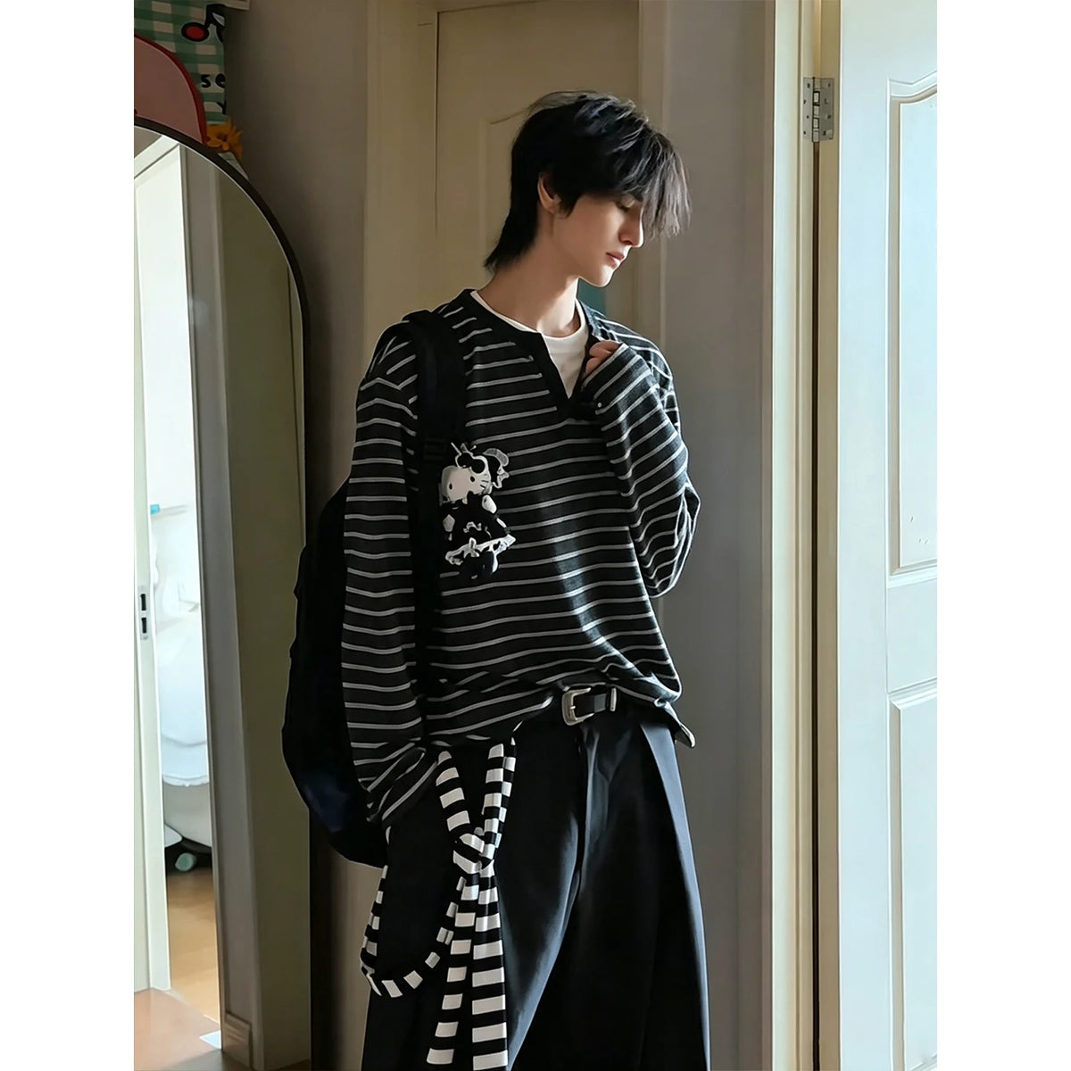 American contrasting fake two-piece striped long-sleeved t-shirt men's autumn trendy brand Henry neck sweater, loose bottoming shirt
