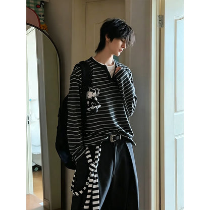 American contrasting fake two-piece striped long-sleeved t-shirt men's autumn trendy brand Henry neck sweater, loose bottoming shirt
