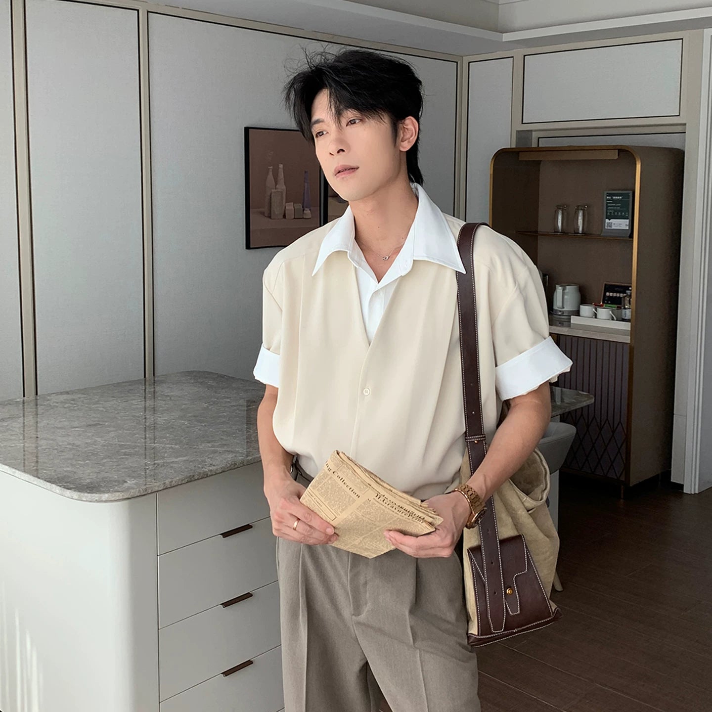 Very fairy men's casual men's summer short-sleeved shirt fake two pieces non-ironing anti-wrinkle shirt loose top