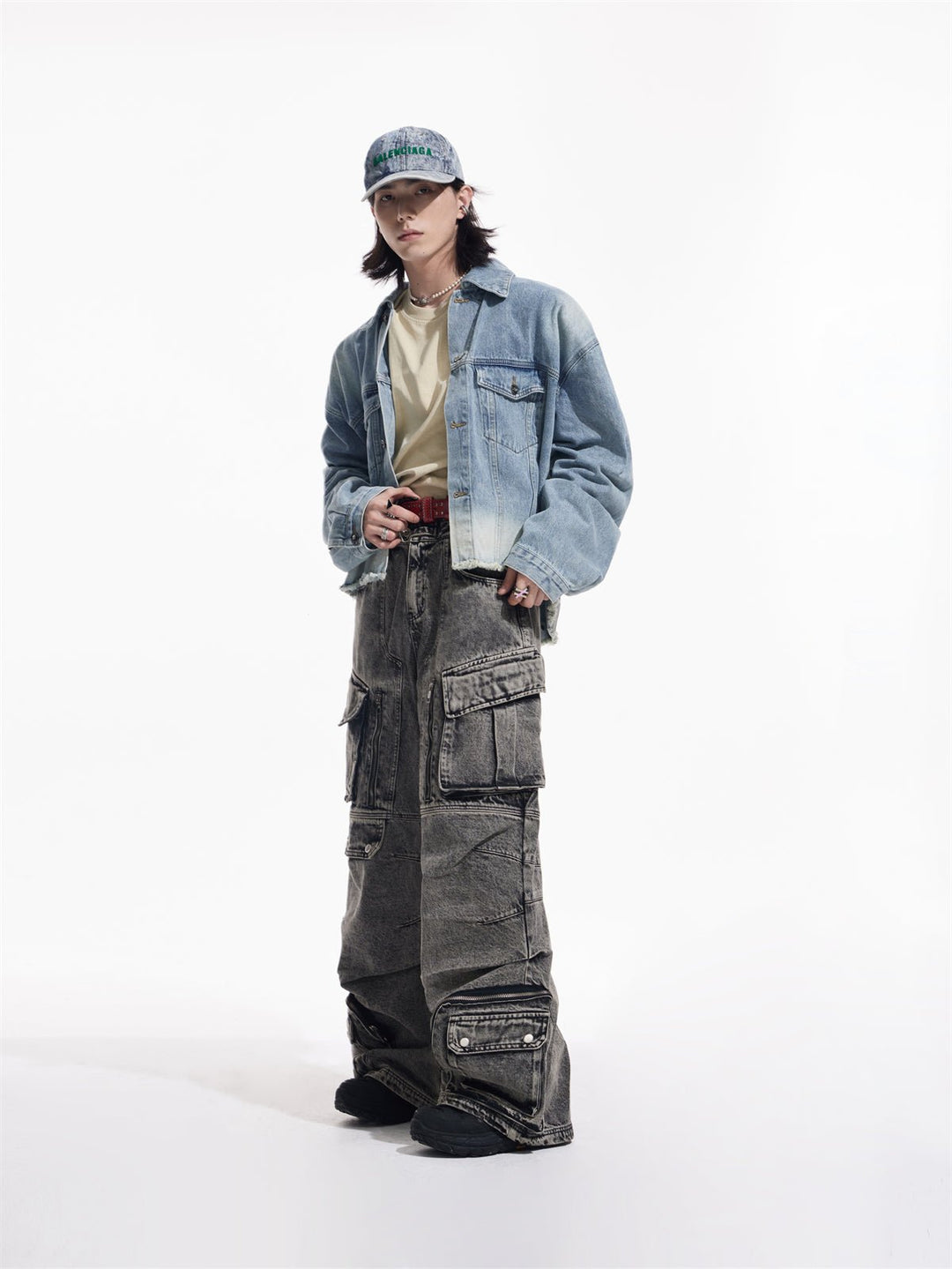 [PEOPLESTYLE] Multi-pocket wide leg casual jeans st2096