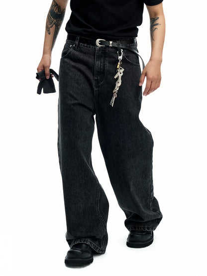 Washed straight trousers structure fly bag embroidery clean cut denim trousers