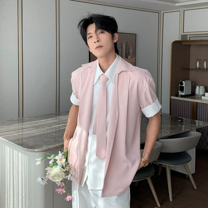 Very fairy men's casual men's summer short-sleeved shirt fake two pieces non-ironing anti-wrinkle shirt loose top