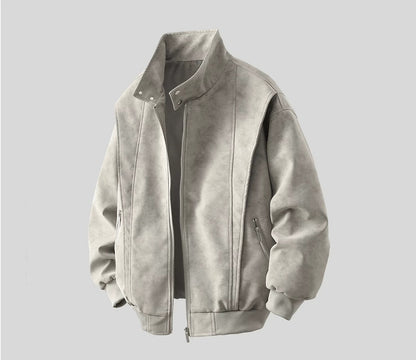 Jacket men's and women's spring and autumn new American retro stand-up collar loose Maillard washed cotton leather jacket